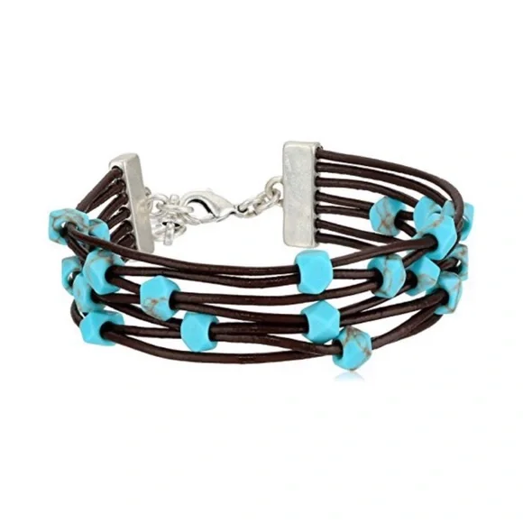 Lucky Brand Turquoise Bead Black Leather Bracelet - Picture 1 of 6